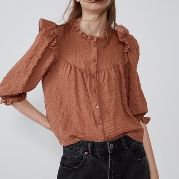 Zara textured crinkled weave ruffled shirt Small - Picture 1 of 8